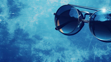 Creative layout made of sunglasses, flat lay on blue background. Summer concept. Sunglasses mockup as design element vacation and journeys top view.の素材