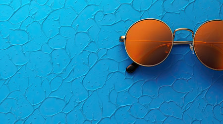 Creative layout made of sunglasses, flat lay on blue background. Summer concept. Sunglasses mockup as design element vacation and journeys top view.の素材