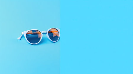 Creative layout made of sunglasses, flat lay on blue background. Summer concept. Sunglasses mockup as design element vacation and journeys top view.の素材