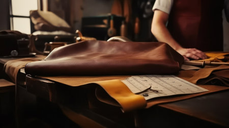 Close up of a cobbler working with leather textile at his workshopの写真素材