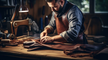 Close up of a cobbler working with leather textile at his workshopの写真素材