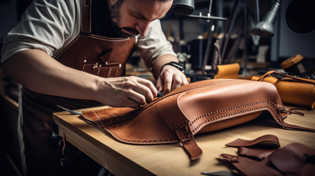 The process of making a travel bag made of genuine leatherの写真素材