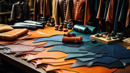 Cobbler work desk. Tools and leather at cobbler workplace. Set of leather craft tools on wooden background.の写真素材