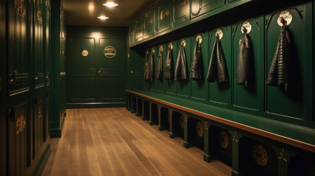 Green lockers in generic locker room with wooden benchの素材