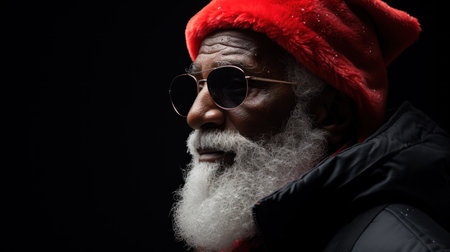 African-American Santa Claus close up studio portrait on dark background