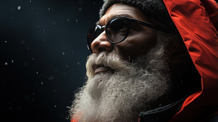 African-American Santa Claus close up studio portrait on dark backgroundの写真素材