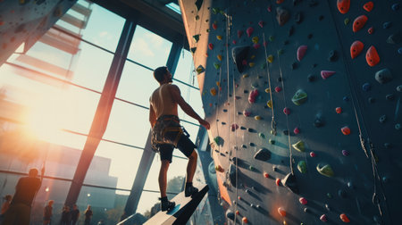 Athletic people climbing indoors, view from the backの素材