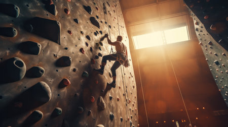 Athletic people climbing indoors, view from the backの素材