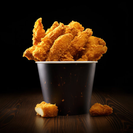 Tasty deep fried chicken wings in paper box on white backgroundの写真素材