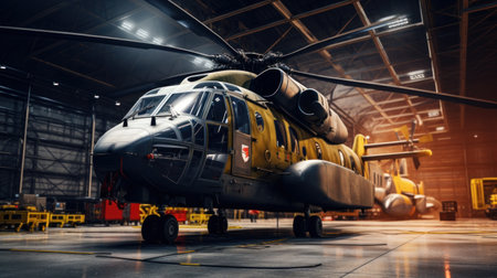 Passenger helicopter in hangar. Rotorcraft and aircrafts under maintenance. Checking mechanical systems for flight operationsの素材