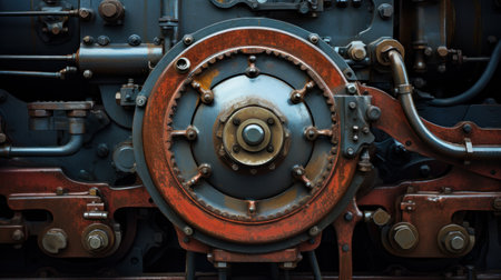 Photo for Huge black metal gear train wheel structure on the old steam engine train locomotive close up - Royalty Free Image