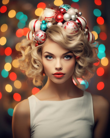 Christmas Woman Beauty. Beautiful Girl hairstyle in Fir Tree decor with Xmas Ornaments. Women Face Skin Winter Care. Fashion Model.の素材