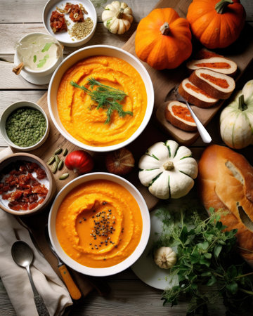 Pumpkin puree in bowl over light background. Healthy diet food concept. Top view, flat lay.の素材