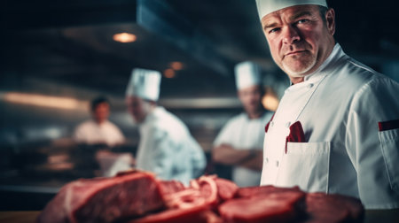 Meat with Chef on background. Preparing meat before baking. Working environment in the kitchen of a restaurant.の素材