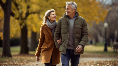 Happy senior couple in autumn parkの素材