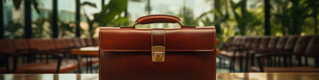 Fashionable leather briefcase on a tableの素材