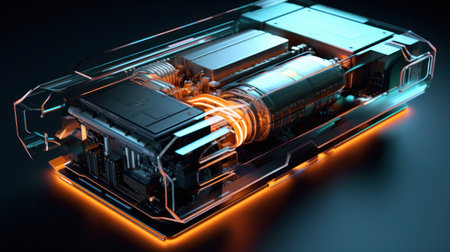 Concept of Authentic Electric Car Platform Chassis Prototype Standing in High Tech Industrial Machinery Design Laboratory. Hybrid Frame include Tires, Suspension, Engine and Batteryの素材