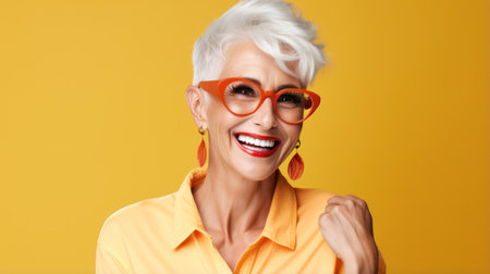 Beautiful and happy blond hair grandma looking at camera isolated on yellow backgroundの素材