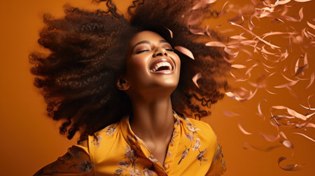 Studio photo of inspired lady dancing with eyes closed. Indoor portrait of relaxed girl isolated on yellow background.の素材