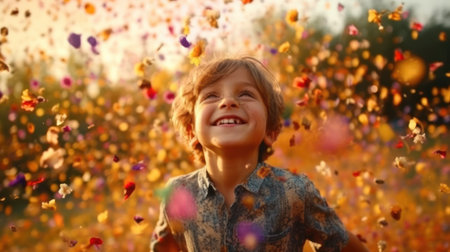 Happy kid in flying petals like those that its snowing in spring. She rejoices in the coming of spring. Spring vibes. Emotional lifestyle portrait. Selective focusの素材