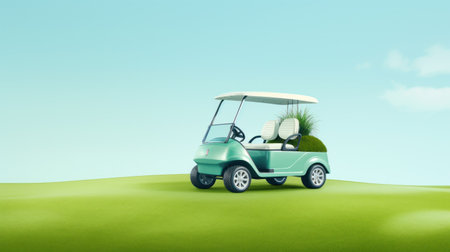 Golf cart on a golf course with green grass field with blue sky and treesの素材