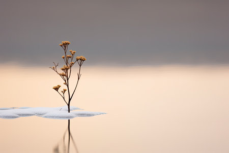 Minimalist plant background Bright green branch is lying on a white background Flat lay Modern minimalistic mockup with empty space.の素材