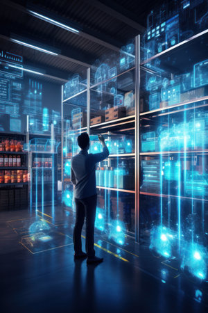 Futuristic Technology Retail Warehouse: Digitalization and Visualization of Industry 4.0 Process that Analyzes Goods, Cardboard Boxes, Products Delivery Infographics in Logistics, Distribution Centerの素材