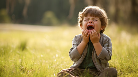 The boy cries and wipes his tears with his hand on the street walking in the park.の素材
