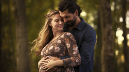 Portrait of lovely future parents during sunsetの素材