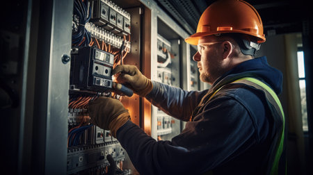 A male electrician works in a switchboard with an electrical connecting cable.の素材