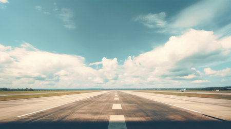 Runway, airstrip in the airport terminal with marking on blue sky with clouds background. Travel aviation concept.の写真素材