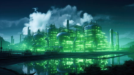 Hydrogen energy. Gas tanks h2. Hydrogen processing factory. Eco energy. Tanks with green fuel. Regenerative energy. Hydrogen for manufacture of fuel. Reservoirs and mezzanineの写真素材