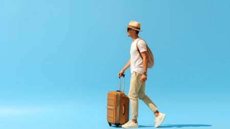 Man tourist with big bag, backpack, isolated on blue background.の素材