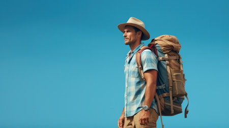 Man tourist with big bag, backpack, isolated on blue background.の素材