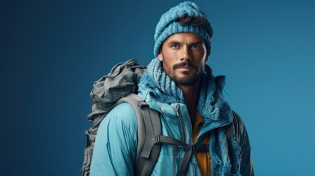 Man tourist with big bag, backpack, isolated on blue background.の素材