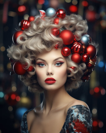 Christmas Woman Beauty. Beautiful Girl hairstyle in Fir Tree decor with Xmas Ornaments. Women Face Skin Winter Care. Fashion Model.の素材