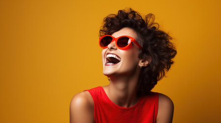 Positive young female in trendy sunglasses smiling and looking away while standing against color backgroundの素材