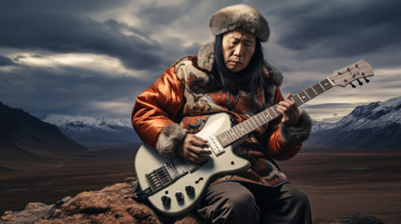 Mongolian plays rock on guitar against the backdrop of the steppe and mountains use traditional music elements from Mongoliaの素材
