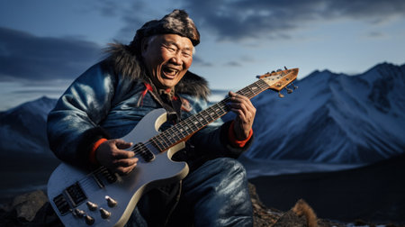 Mongolian plays rock on guitar against the backdrop of the steppe and mountains use traditional music elements from Mongoliaの素材