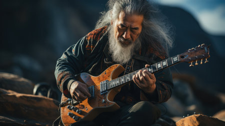Mongolian plays rock on guitar against the backdrop of the steppe and mountains use traditional music elements from Mongoliaの素材