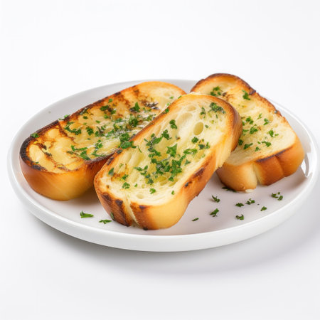 Slices of toasted bread with garlic and herbs on table, closeup.の素材