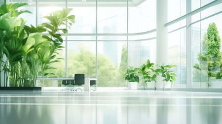 Open space interior with green plants and places for workers, no people, quarantine time, copy spaceの素材