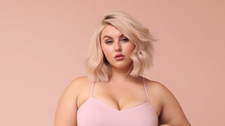 Excited luxury plus size woman in front of a studio backgroundの素材