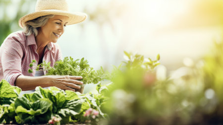 Shot of happy senior woman taking care of her plants while looking at camera in her greenhouseの素材