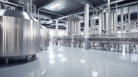 Equipment dairy plant, milk factory industry. Stainless steel storage and processing tanksの素材