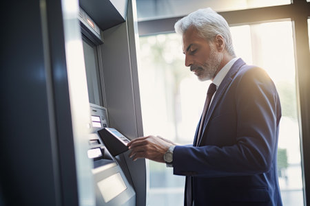 Businessman using card at an ATMの素材