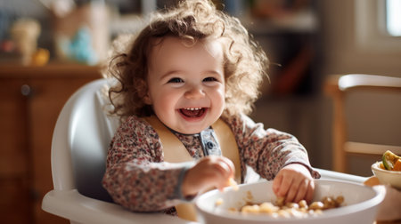 funny baby eating healthy food in kitchen.の素材