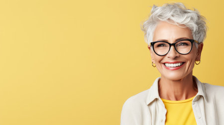 Closeup face of senior business woman standing against yelloe background with copy space. Portrait of successful woman in blue shirt feeling confident and looking at camera. Happy mature woman face.の素材
