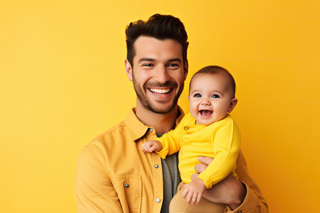 Handsome man with his son on yellow background.の素材