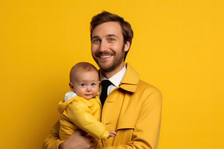 Handsome man with his son on yellow background.の素材
